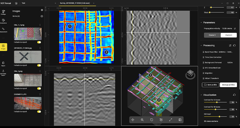 Radargramy, mapa skenu a 3D zobrazení v NDT Reveal. Materiál IDS GeoRadar.