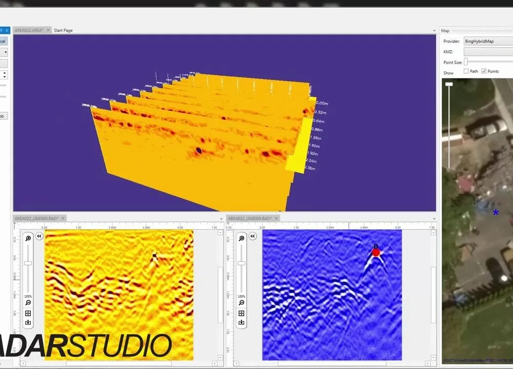 USRADAR Radar Studio – interfejs z wizualizacją 3D, radargramami i mapą