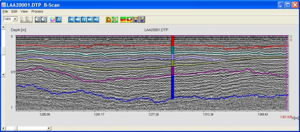 Example of layer-boundary tracking in GRED software. IDS GeoRadar material.