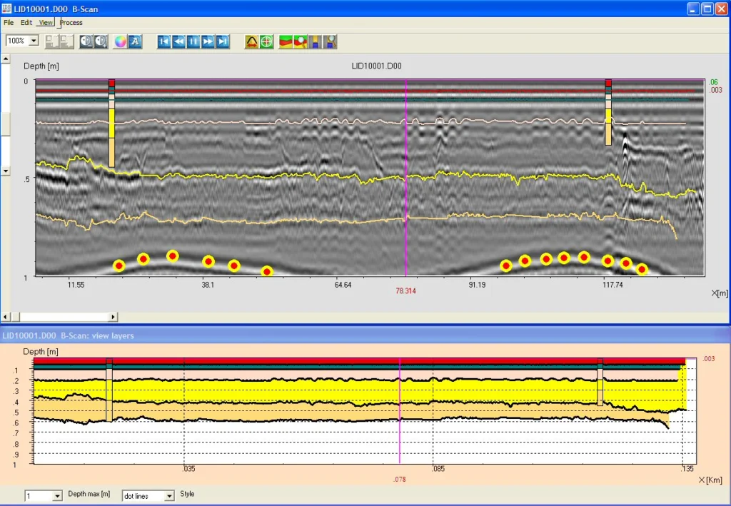 Radargram and processed pavement-layer profile in GRED software. IDS GeoRadar material.